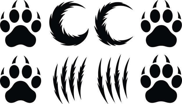 Animal paw prints claw marks and tribal crescent shapes with silhouette crescent footprint isolated illustration wildlife aggressive collection abstract stylized