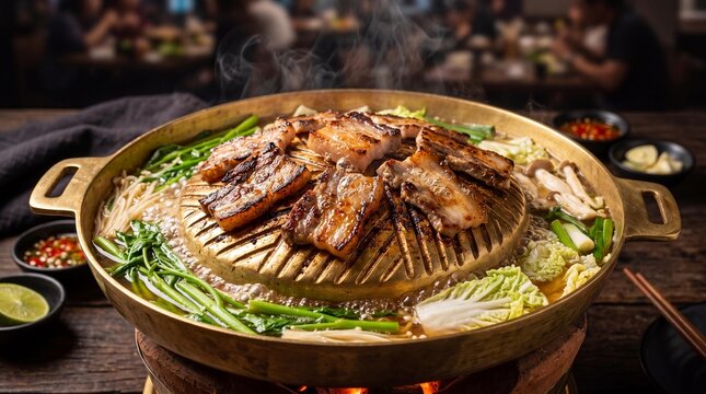 Sizzling pork belly grilling on a traditional Thai brass hot pot with broth