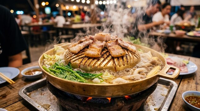 Sizzling Thai Moo Krata BBQ with grilled pork belly on a hot brass dome grill