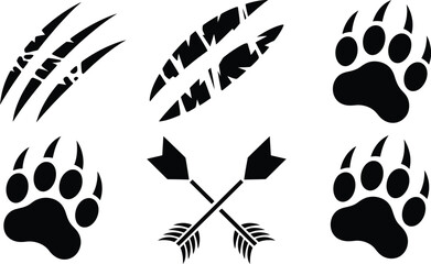 Fototapeta premium Collection of wildlife claws and crossed arrows design elements with wildlife isolated adventure silhouette predator wilderness creature elements collection creative illustration