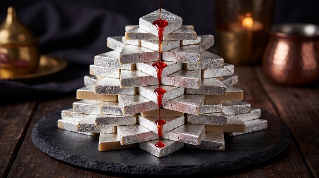 Kaju Katli tower with silver leaf and dripping saffron syrup for Diwali