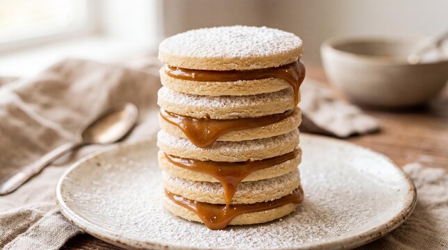 Stack of traditional Peruvian alfajores with oozing dulce de leche on plate