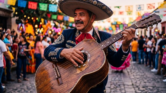 Smiling mariachi musician playing guitarron at a colorful street festival