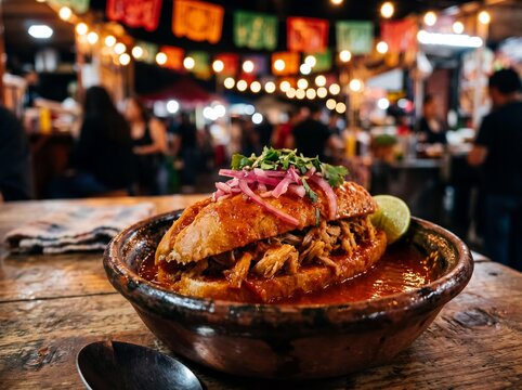 Authentic Mexican torta ahogada drowned pork sandwich in a street food market