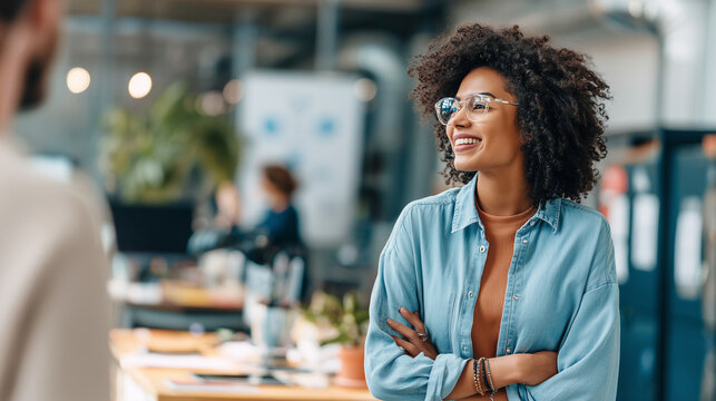 Company culture conversation with confident worker, authentic office interaction, shallow depth