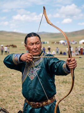 Mongolian archer in traditional deel aiming a composite bow at Naadam Festival