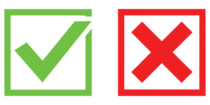 Green check mark in square frame and red x mark in square frame, icons for approval and denial