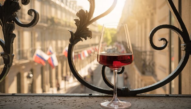 Classic iron French balcony railing, golden Parisian summer street with glass of Bordeaux wine in Bastille day