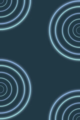 Naklejka premium Glowing neon blue, cyan and purple concentric light rings arranged in multiple clusters on a dark background, creating a futuristic ripple‑style abstract design.