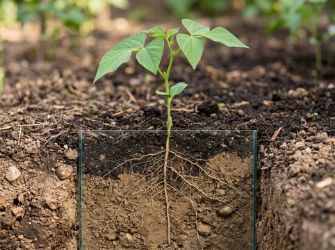 Bean plant seedling revealing underground root structure in garden soil