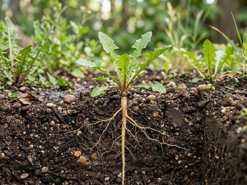 Dandelion weed seedling with long taproot exposed in soil cross section