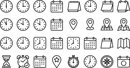 Time and navigation line icon set featuring clocks calendars pin maps schedules stopwatch and planning vectors © MstSabera