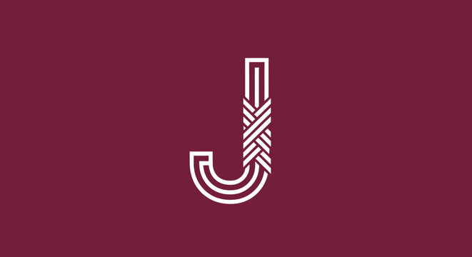 White linear woven letter J monogram on maroon.
