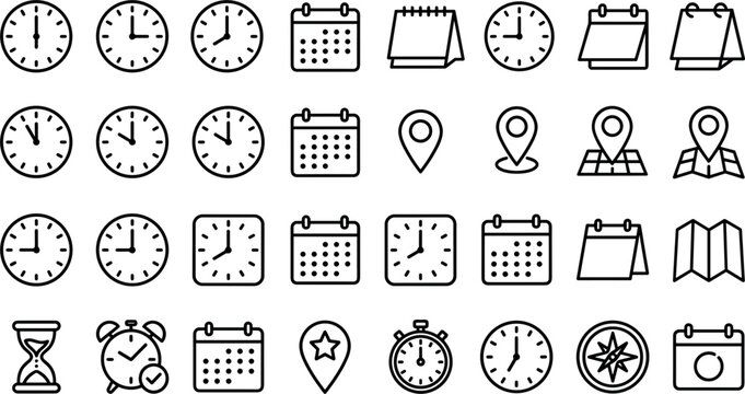 Time and navigation line icon set featuring clocks calendars pin maps schedules stopwatch and planning vectors