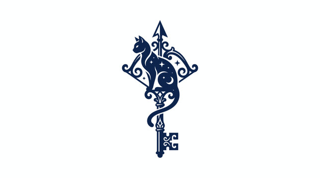 Stylized cat figure merged with sword and key.