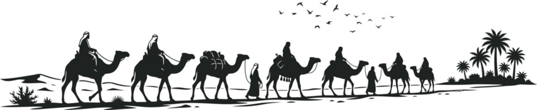 Arabian desert camel caravan silhouette crossing dunes with oasis