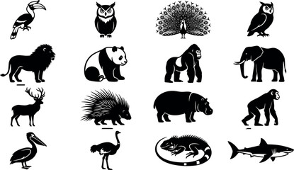 Wild animals and birds black silhouette icon set featuring lion elephant panda gorilla shark owl and peacock symbols isolated on white background © Edo Rifandi!