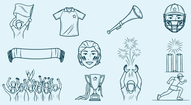 Sports Doodle Icon Collection Featuring Football Trophy Crowd Celebration Athlete Equipment and Recreation Symbols for Activity and Competition Design