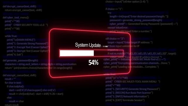 Teal system update Progress Bar on a Background of Computer Code loading programming. 4K Digital Update Process Motion Video
