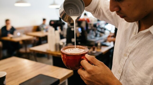 Barista pouring milk into a cup of coffee, creating a latte art design in a cafe setting.