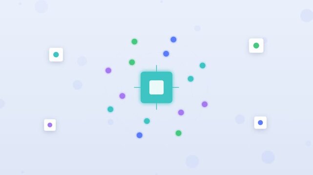 Flat design digital particles flowing into an AI processor