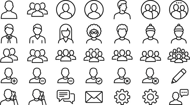 User account management and avatar profile line icon set featuring social media community teamwork and customer support vectors