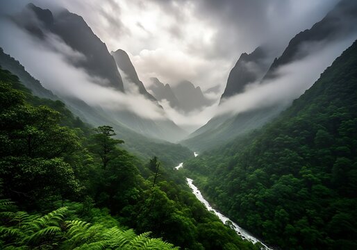 Misty mountains valley with river and lush green forest