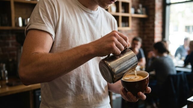 Barista pouring milk into coffee cup, creating latte art in a cafe setting, close up shot.