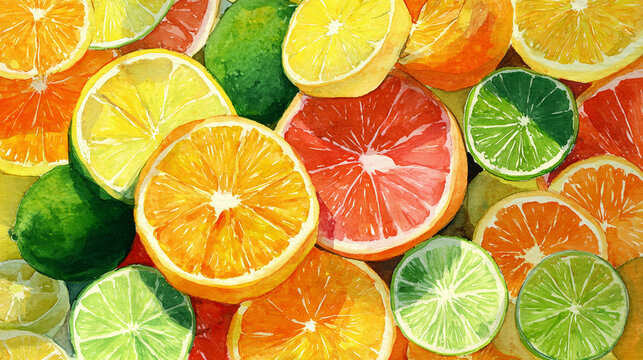 Watercolor illustration of tropical citrus fruits with oranges, lemons, limes and grapefruit slices in bright yellow, orange and green tones. Full frame fruit background.