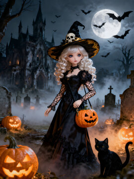 Vertical composition of a beautiful witch doll in gothic dress holding pumpkin lantern in spooky graveyard perfect for mobile wallpaper and halloween stories.