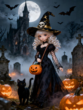 Vertical composition of a beautiful witch doll in gothic dress holding pumpkin lantern in spooky graveyard perfect for mobile wallpaper and halloween stories.