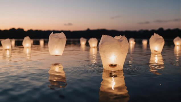 Floating Lanterns on Water at Dusk.