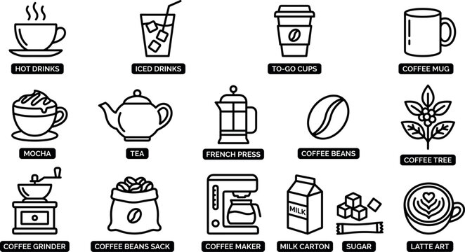 Coffee shop and cafe line icon set with labels featuring espresso machine grinder beans french press milk carton and latte art cups isolated on white background