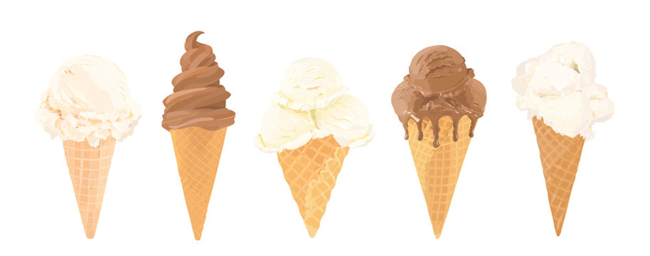 Vector hand drawn illustration set of cartoon chocolate and vanilla ice cream scoop in waffle cone. Sweet summer dessert isolated on white. Perfect for menu, packaging and dessert design.