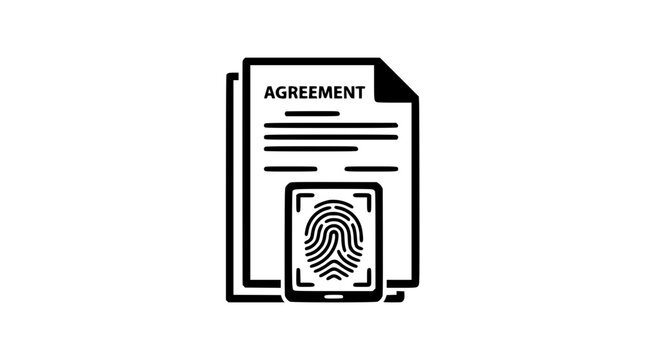 Digital agreement concept with biometric fingerprint authentication on a stack of legal documents, symbolizing secure electronic contracts and data privacy