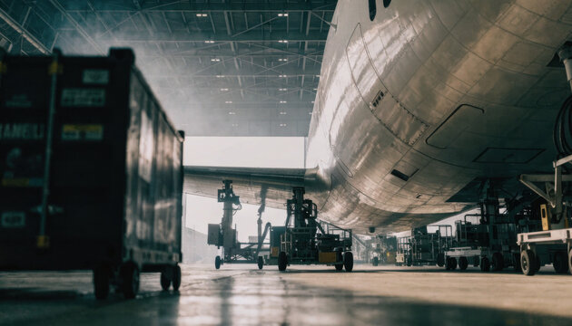 Airplane fuselage and cargo containers in a hangar with atmospheric lighting during maintenance