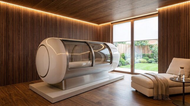 Empty modern hyperbaric oxygen therapy chamber in luxury wood paneled wellness clinic with lounge chair and garden view window