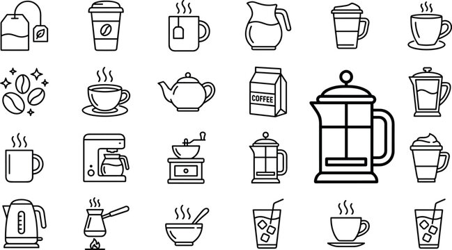 Coffee shop and tea brewing equipment line icon set featuring french press espresso machine grinder kettle cezve and takeaway cups isolated on white background