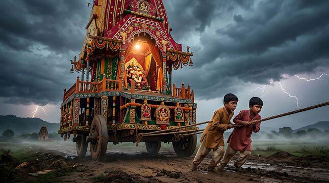 Young boys pull a traditional indian chariot through a muddy path under a stormy sky with lightning