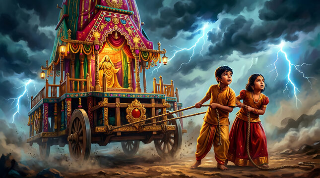 Two children pulling a traditional indian chariot during a stormy weather with lightning