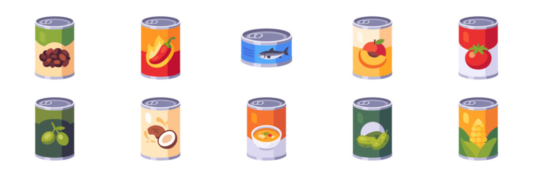 Set of canned food icons with soup, beans, corn, peaches, olives, coconut milk, and chili products for supermarket grocery shelves, pantry storage, and cooking, colorful collection with illustrations