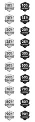 Fototapeta premium Luxury Silver and Black Discount Sale Shield Badge Collection Set 10% 15% 20% 25% 30% 50% 60% 70% 80% 90% Off Labels, Premium Metallic Promotional Emblems, Transparent Background Isolated 