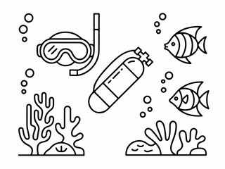 Scuba diving equipment and marine life icons simple line art collection for underwater exploration and summer vacation themes isolated on white © Jibran