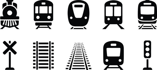Train and railway vector icon set featuring locomotive subway metro tracks railroad crossing sign and traffic light isolated on white. © ASDF