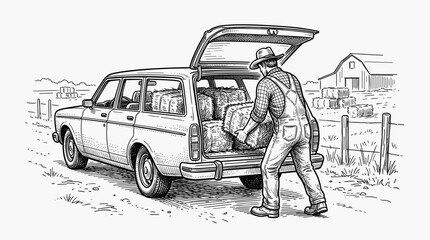  Farmer loading hay bales into trunk of vintage station wagon in foreground. Rural landscape with barn and wooden fence in background. Hand drawn sketch engraving vector illustration © Olga Ко