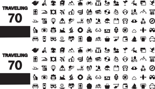 Collection of 70 black travel icons