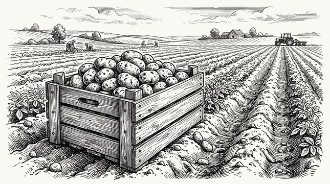  Vintage engraving vector illustration of potato harvest. Wooden crate full of fresh potatoes in foreground, farmers working and tractor in rural agriculture field in background.