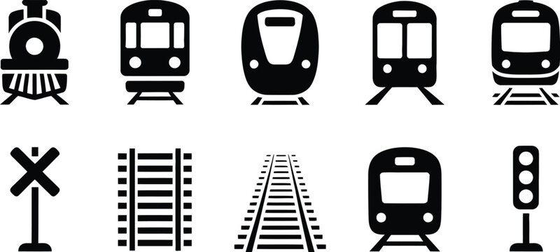 Train and railway vector icon set featuring locomotive subway metro tracks railroad crossing sign and traffic light isolated on white.