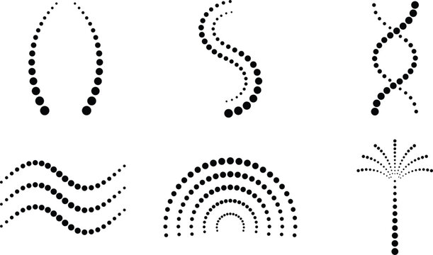 Abstract black dotted wave and curve pattern set with dna helix rainbow arch fireworks and wavy line vector elements