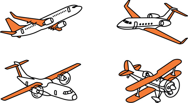 Flat vector graphic illustration collection featuring four different types of airplanes including commercial jet private aircraft biplane and turboprop.